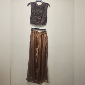 House of Harlow 1960 Wide Leg Satin Pants in Bronze Brown